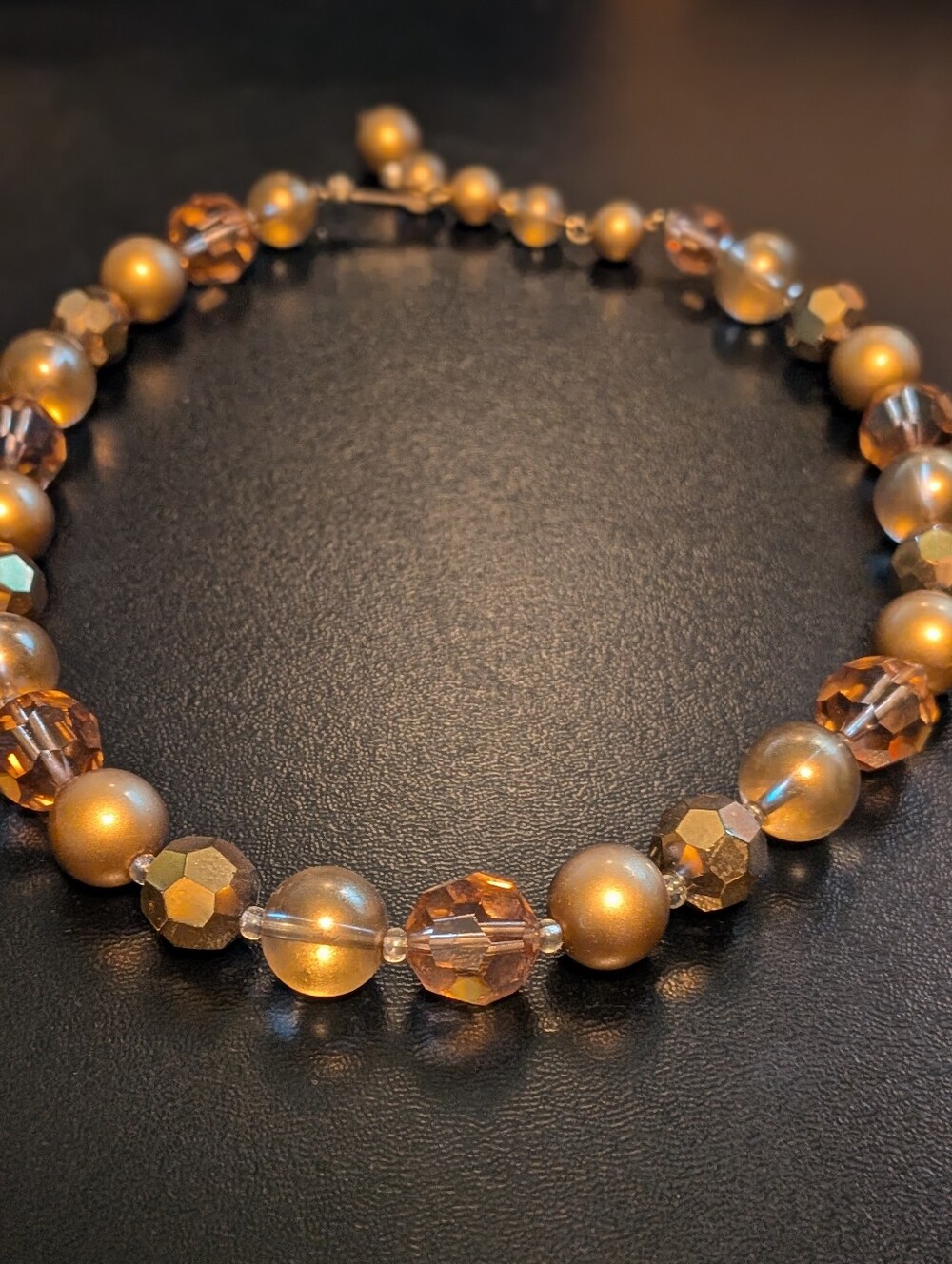 Vintage Marvella Amber Satin Faux Pearl Glass Bead Rhinestone Choker Necklace 17